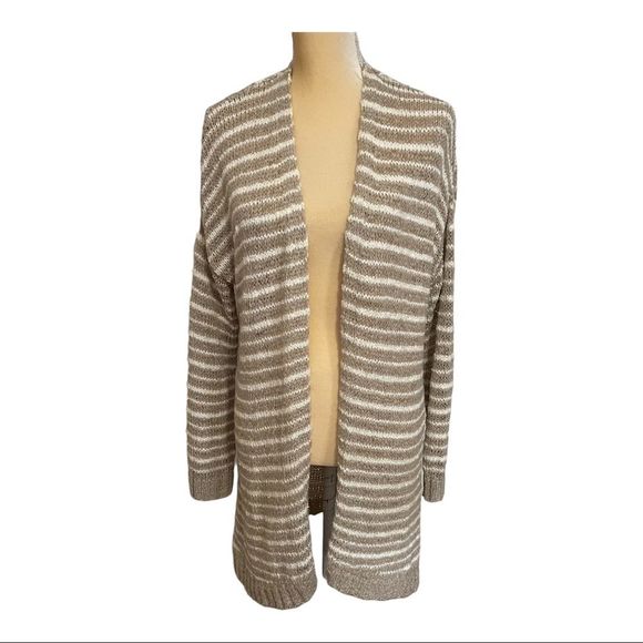 Soft Surroundings Lucie‎ Tan Striped Knit Open Front Long Cardigan Sweate… - Picture 1 of 10